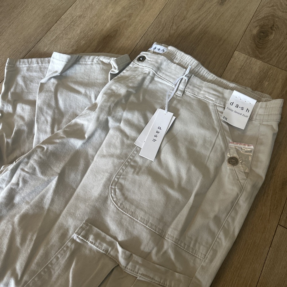 Dash Women's Plus Size 2X Twill Cargo Utility Pants Sand Stone Pockets Stretch‎
